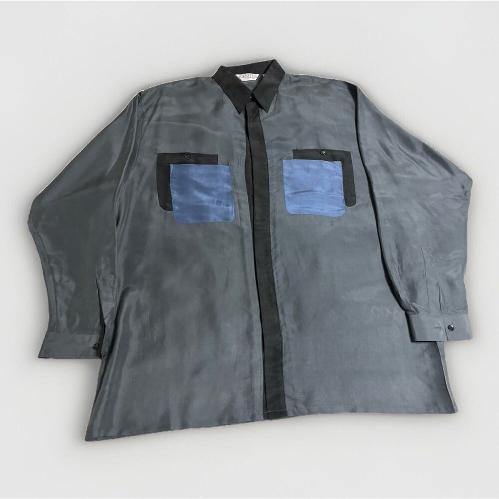 VINTAGE MENS GENELLI Blue Gray SILK SHIRT 100% Silk XL